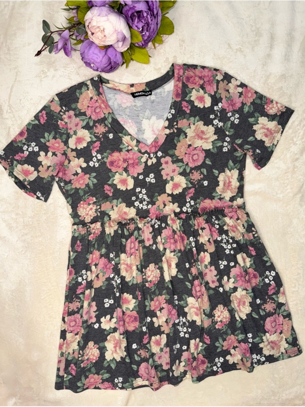 FINAL PRICE!! Boutique Grey Floral Print Babydoll Top